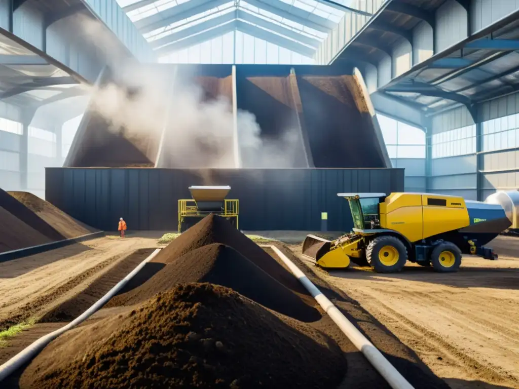 Complejo de compostaje moderno con maquinaria, trabajadores monitoreando el proceso y vapor entre los montones de compost