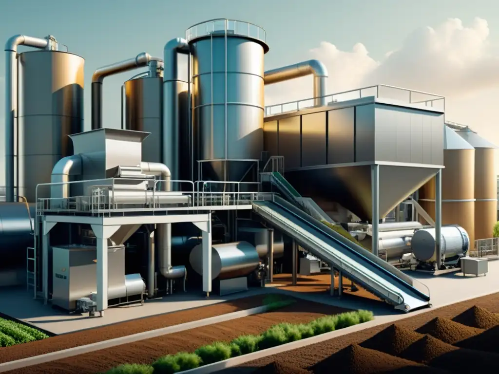 Planta de Tratamiento de Residuos Orgánicos: Eficiencia Industrial Complejo industrial para tratamiento de residuos orgánicos alimentarios en estilo minimalista, con maquinaria detallada y eficiencia sofisticada