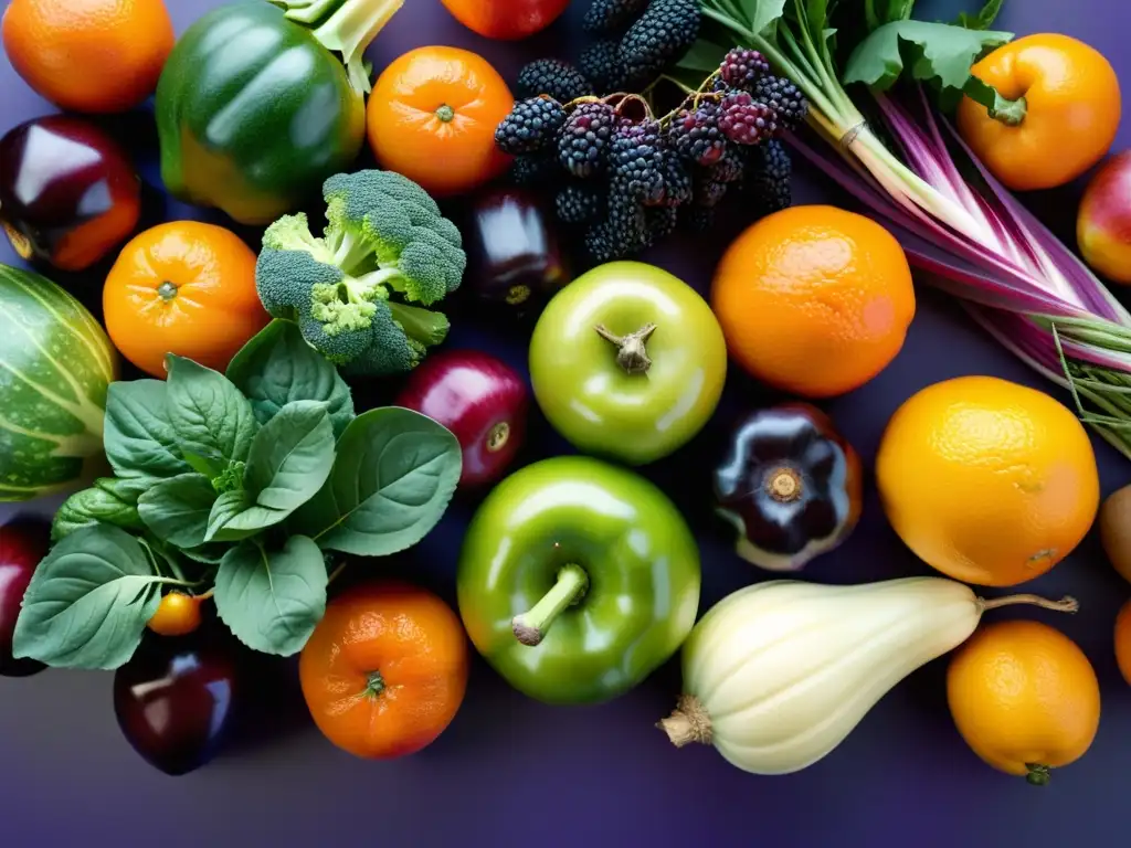 Una composición artística de frutas y verduras orgánicas recién cosechadas, resplandeciendo en colores vibrantes