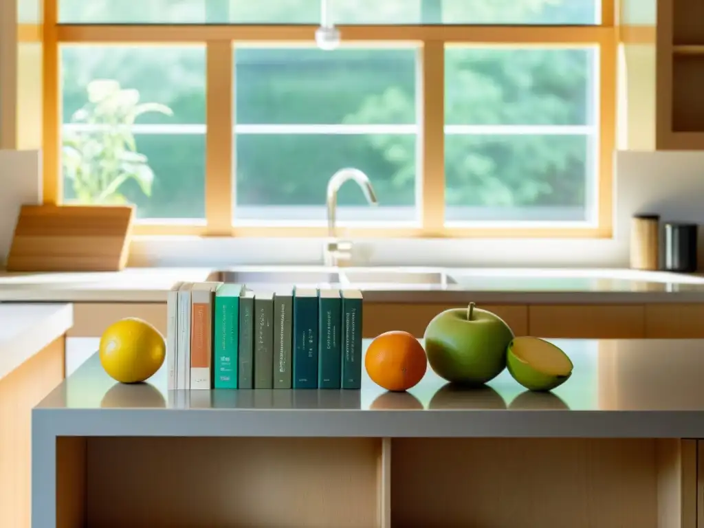 Una composición serena de cocina con libro sobre reciclaje alimentario y restos de frutas y verduras