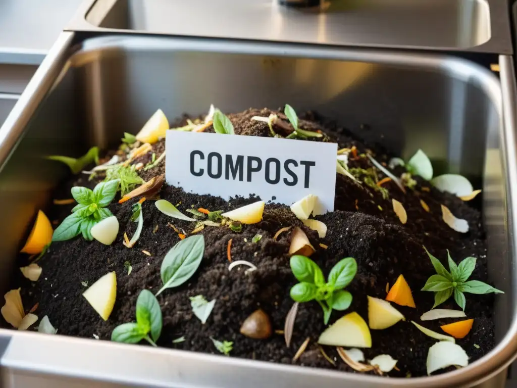 Un compost activo en la cocina de un restaurante, mostrando la reducción de residuos en restaurantes de forma sostenible