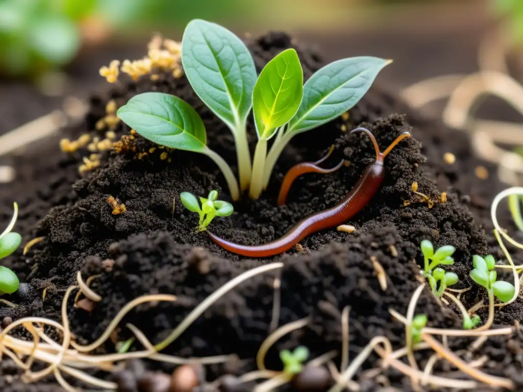 Compost casero de alta calidad con lombrices y brotes verdes, transmitiendo la evaluación de su impacto positivo en el crecimiento de las plantas