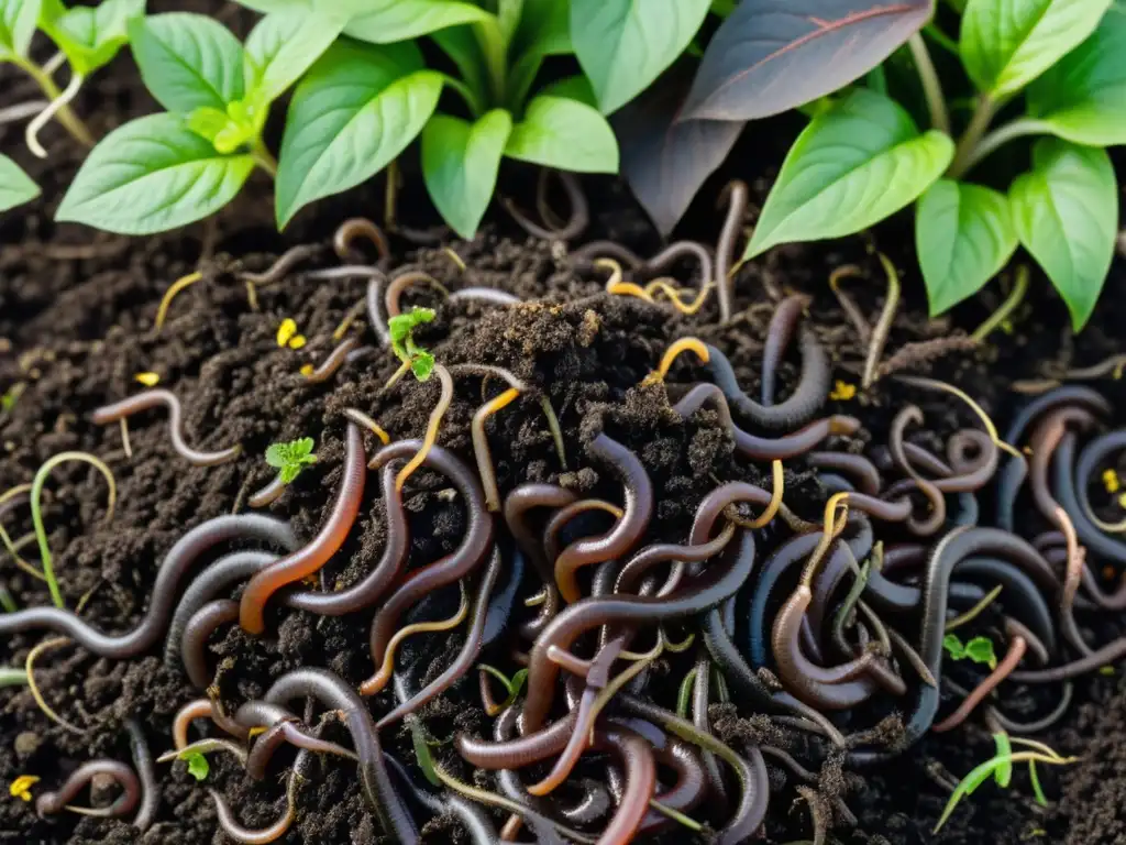 Compost oscuro y fértil con lombrices rodeado de raíces verdes, resaltando los beneficios de los fertilizantes naturales para plantas