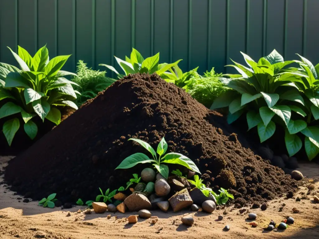 Un compost oscuro y fértil rodeado de plantas verdes, mostrando el impacto de la descomposición natural y la belleza del compost sin pesticidas