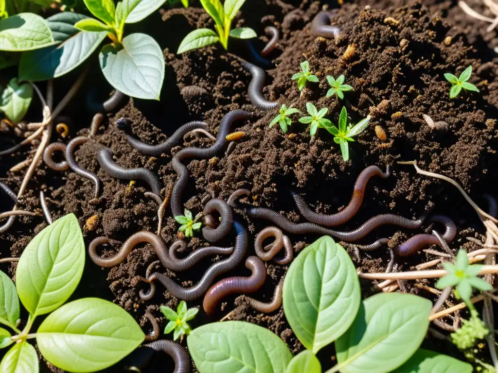 Compost oscuro y húmedo lleno de lombrices y microorganismos beneficiosos, enriqueciendo el suelo para ajuste pH suelo con compost