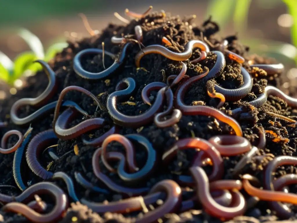 Vida vibrante en compost: detalle ultrarrealista Un compost oscuro y rico rebosante de vida: gusanos y microorganismos