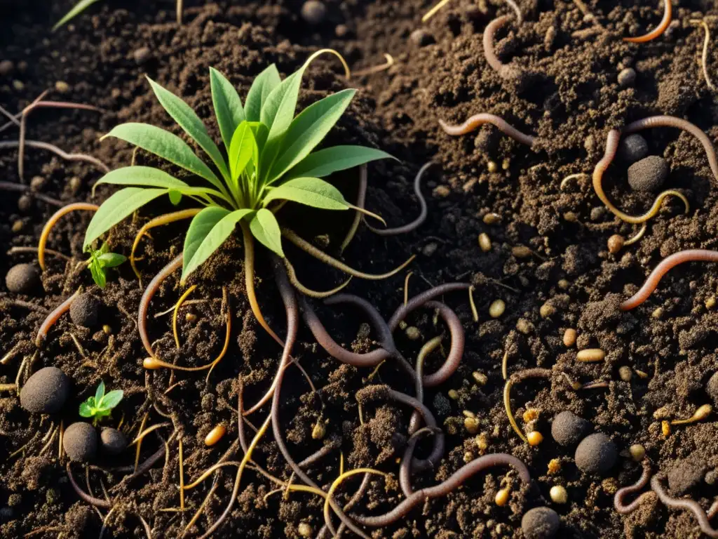 Té de compost para mejorar suelo: Imagen vibrante de compost oscuro con textura rica, raíces y lombrices, simboliza la simbiosis natural