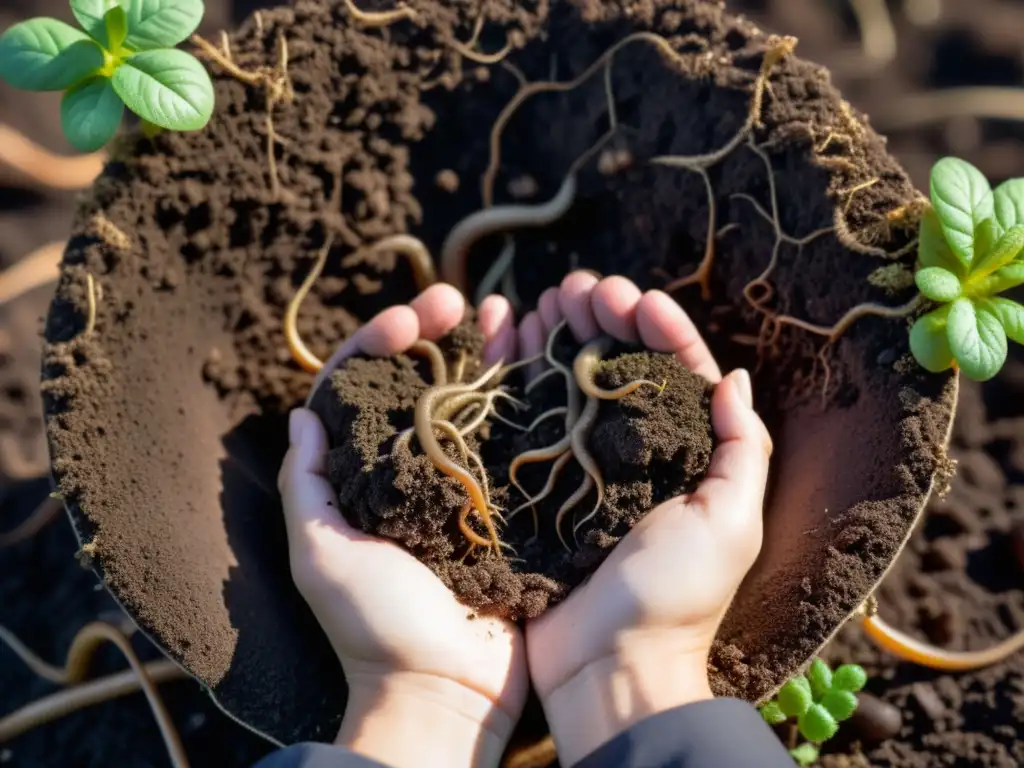 Té de compost para mejorar suelo: Tierra oscura y rica, llena de vida, sostenida por manos