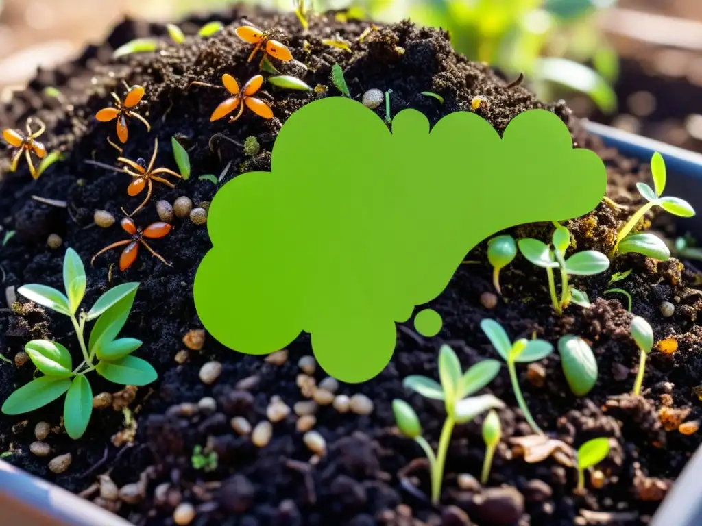 Un compost vibrante y dinámico teñido de verde y vida, mostrando un ecosistema complejo