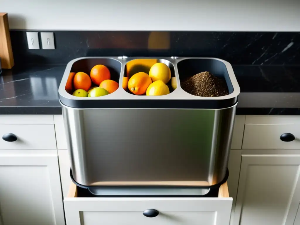 Un compostador de acero inoxidable en una cocina bien iluminada, junto a frutas y café