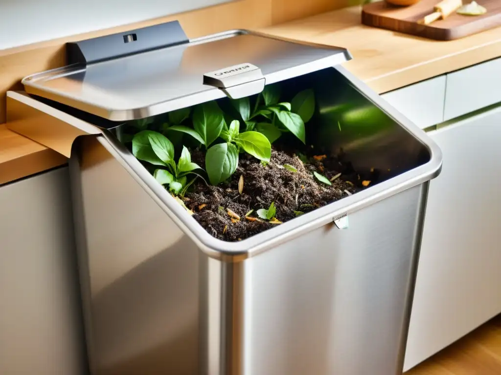 Un compostador de acero inoxidable en una cocina moderna, mostrando capas de residuos orgánicos en proceso de descomposición