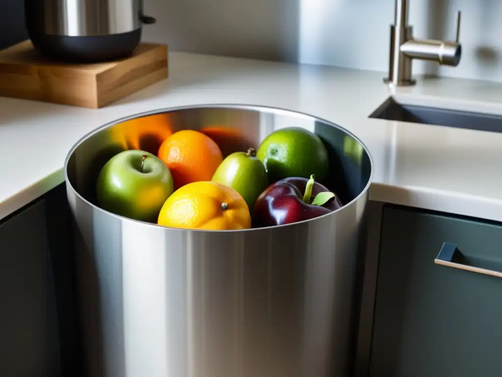 Un compostador de acero inoxidable en una cocina moderna, con técnicas de compostaje en el hogar, mostrando restos de frutas, verduras y café