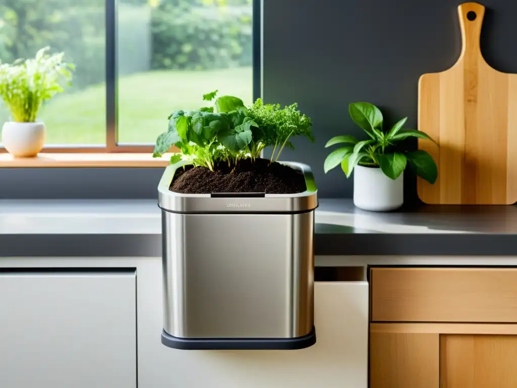 Un compostador de acero inoxidable con residuos orgánicos en una cocina moderna, transmitiendo técnicas de compostaje en el hogar