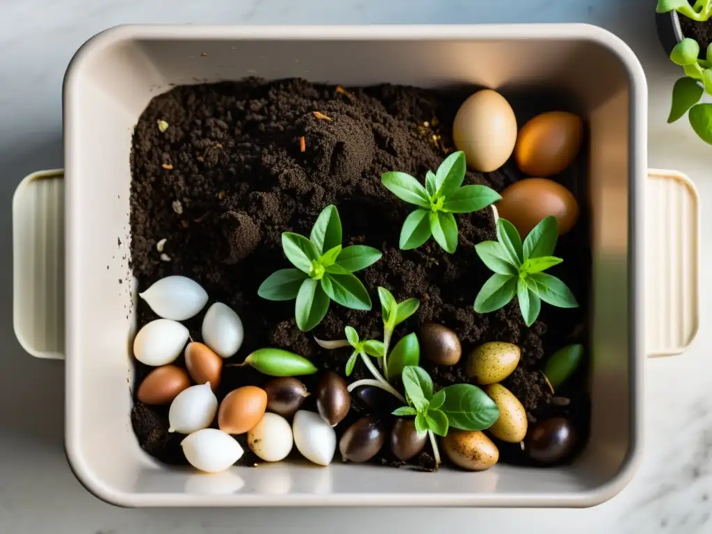 Un compostador casero en la cocina rebosante de vida y vitalidad