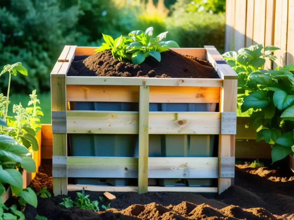 Construir compostador casero materiales reciclados: Imagen de un compostador casero hecho con palets reciclados, rodeado de un exuberante jardín