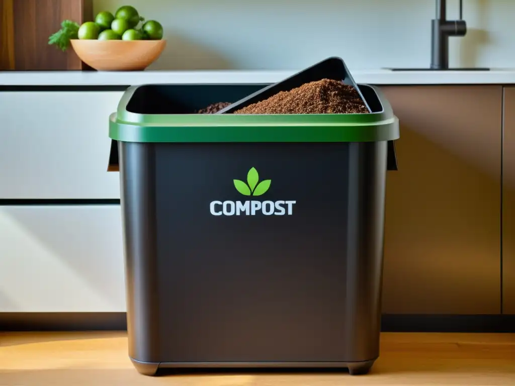 Un compostador casero ordenado y detallado en una cocina moderna, lleno de residuos orgánicos verdes y marrones