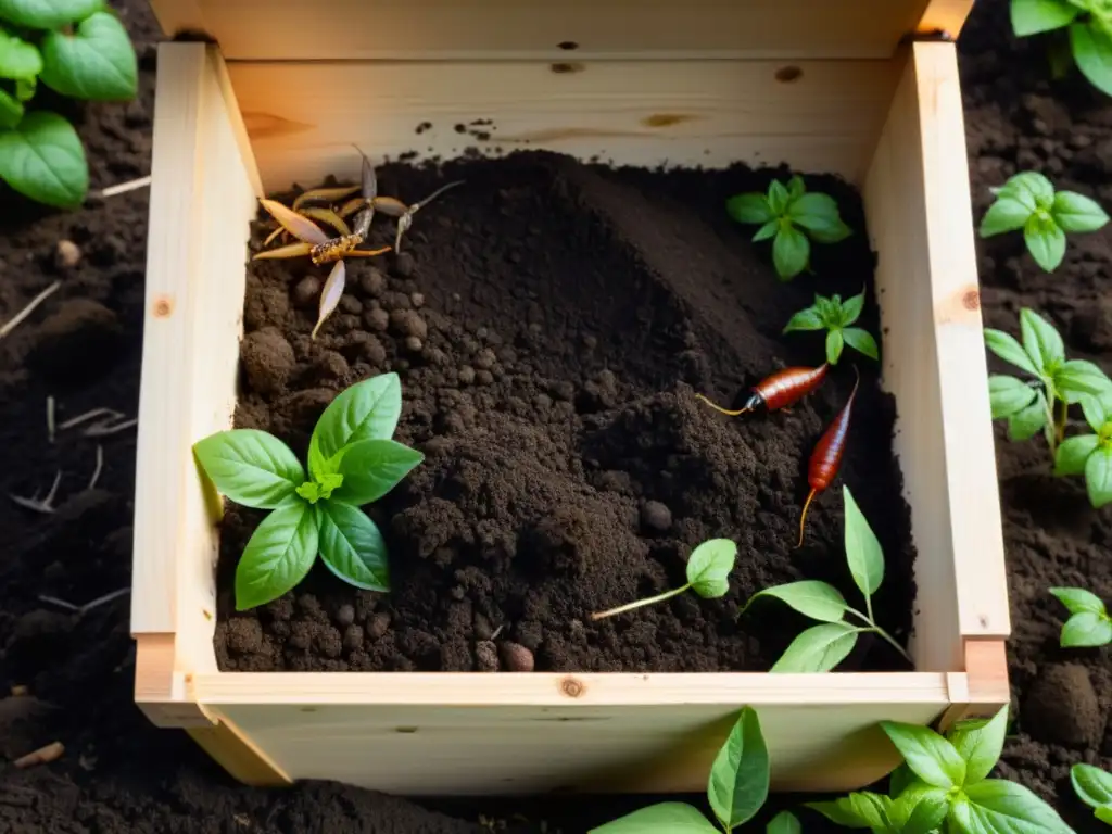 Un compostador casero rebosante de vida, rodeado de tierra oscura y fértil