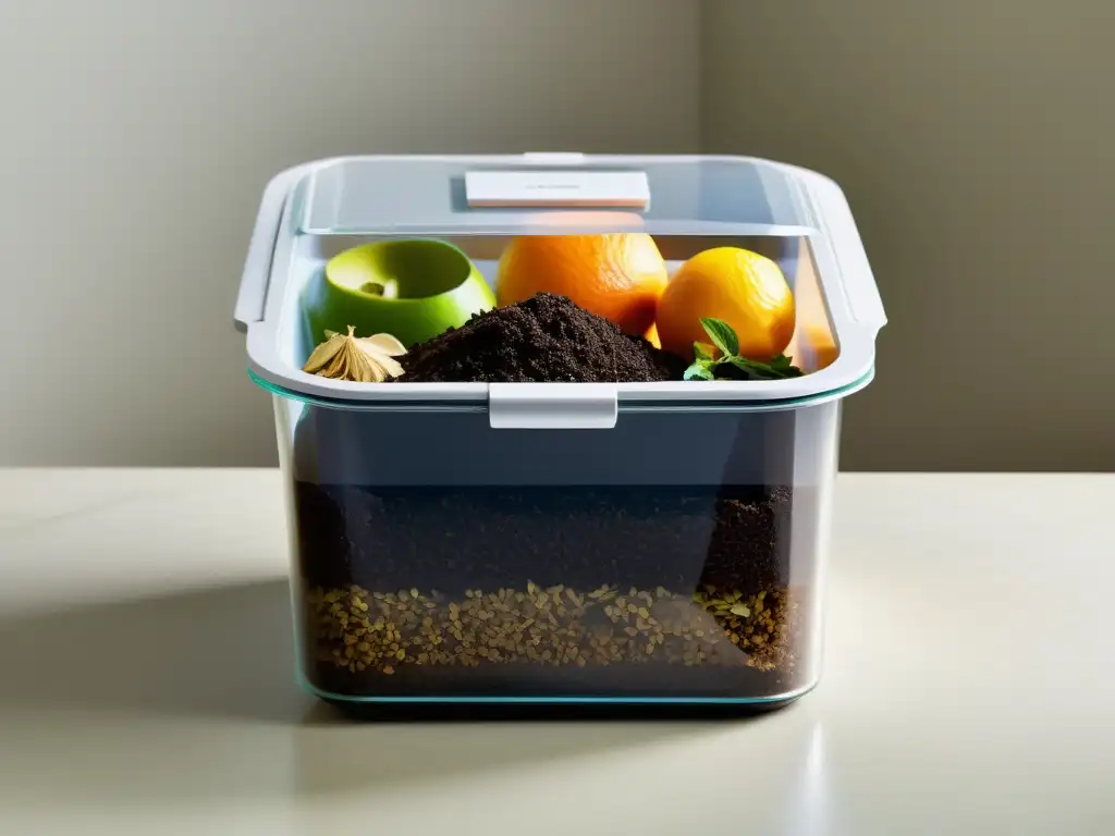 Un compostador de cocina con compostaje visible, frutas y verduras, sobre un fondo blanco