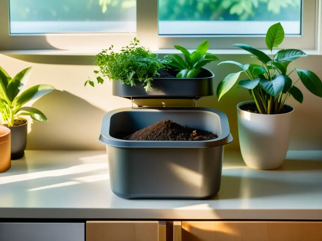 Un compostador en la cocina, rodeado de plantas, bañado por la luz matutina