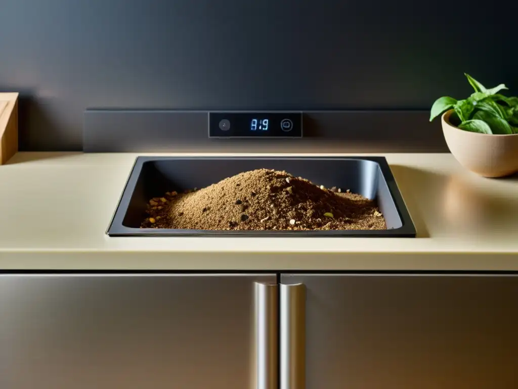 Un compostador detallado en una cocina urbana moderna, resaltando el compostaje en apartamentos urbanos con materiales orgánicos en descomposición