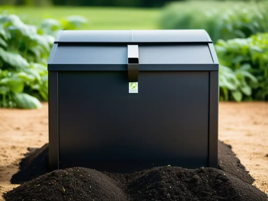 Compostador de diseño elegante en suelo fértil, destacando la calidad del compost