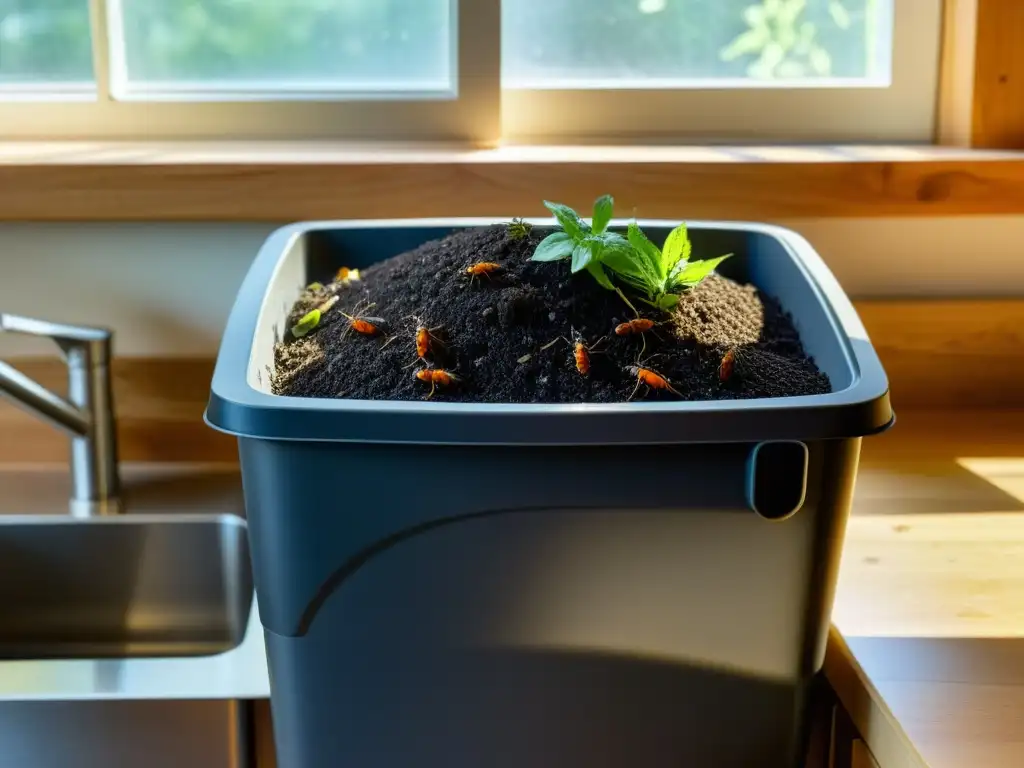 Un compostador doméstico en la cocina muestra el proceso de descomposición con microorganismos y insectos