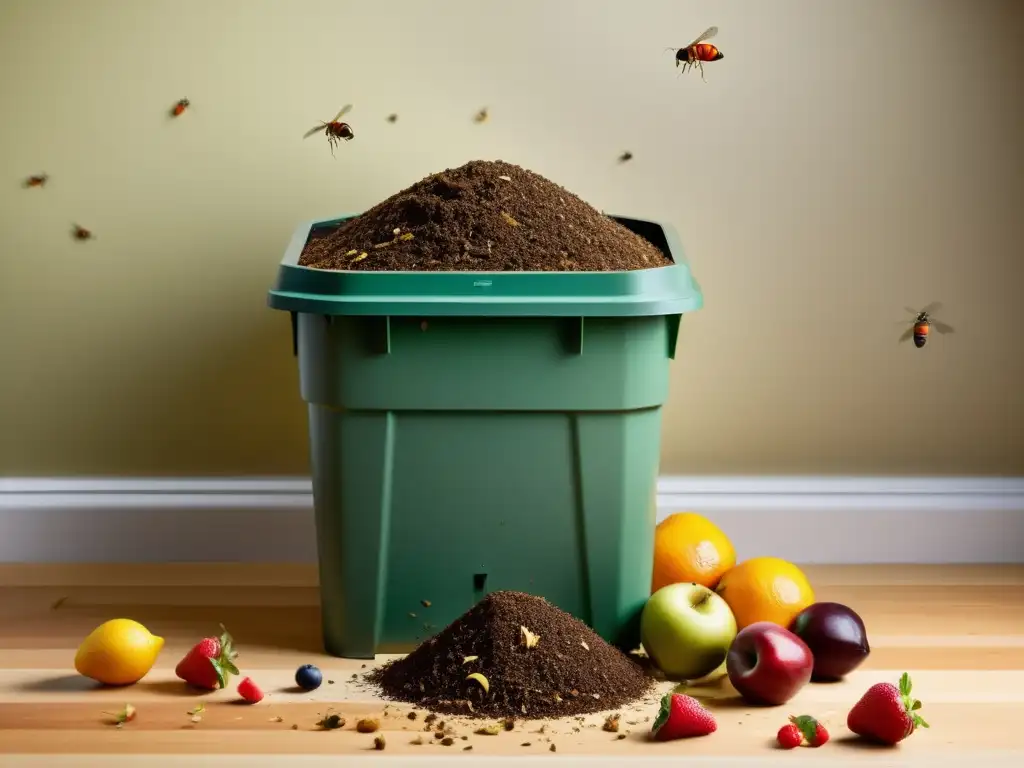 Compostador doméstico desbordado con alimentos y moscas de la fruta