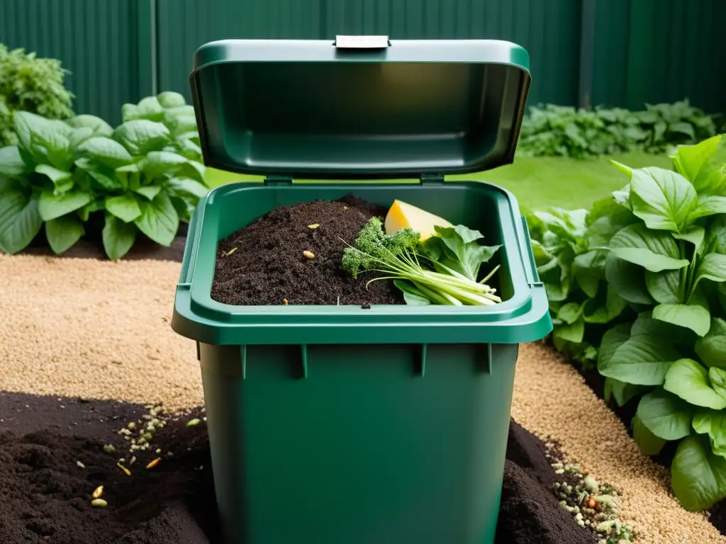 Un compostador doméstico desbordado con desperdicios atrayendo moscas y mal olor