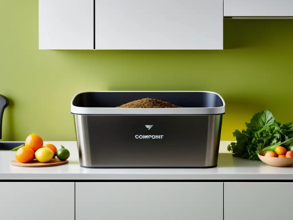 Un compostador doméstico moderno y elegante en una cocina luminosa, con residuos orgánicos organizados