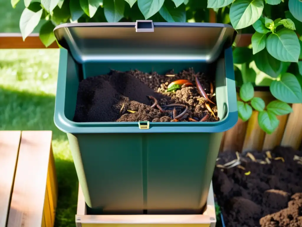 Un compostador doméstico ordenado y lleno de vida en un soleado jardín