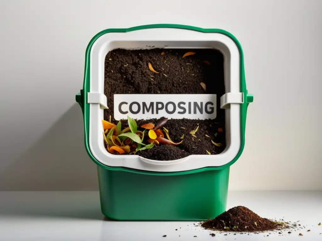 Un compostador doméstico rebosante de vida, con una mezcla rica de restos de comida, posos de café y papel triturado