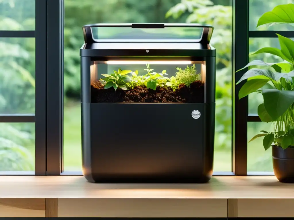 Un compostador doméstico sostenible con sistema automatizado, rodeado de exuberante vegetación y herramientas de jardinería