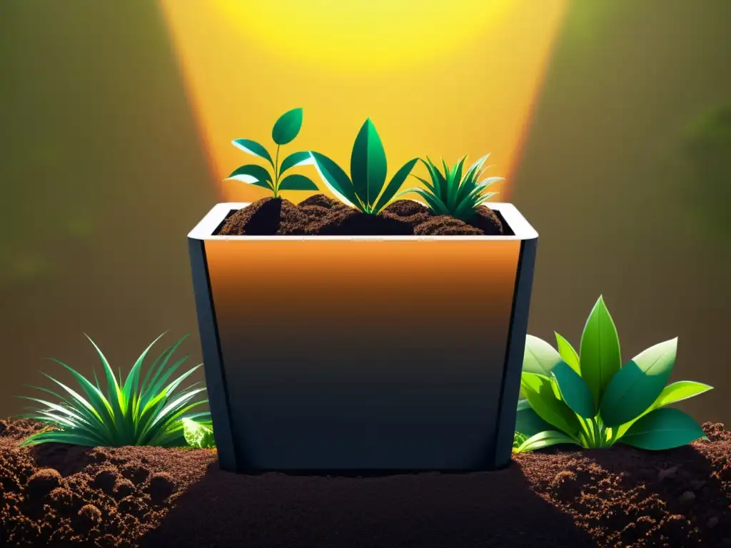 Un compostador elegante rodeado de plantas verdes exuberantes y suelo fértil, bañado por la cálida luz del sol