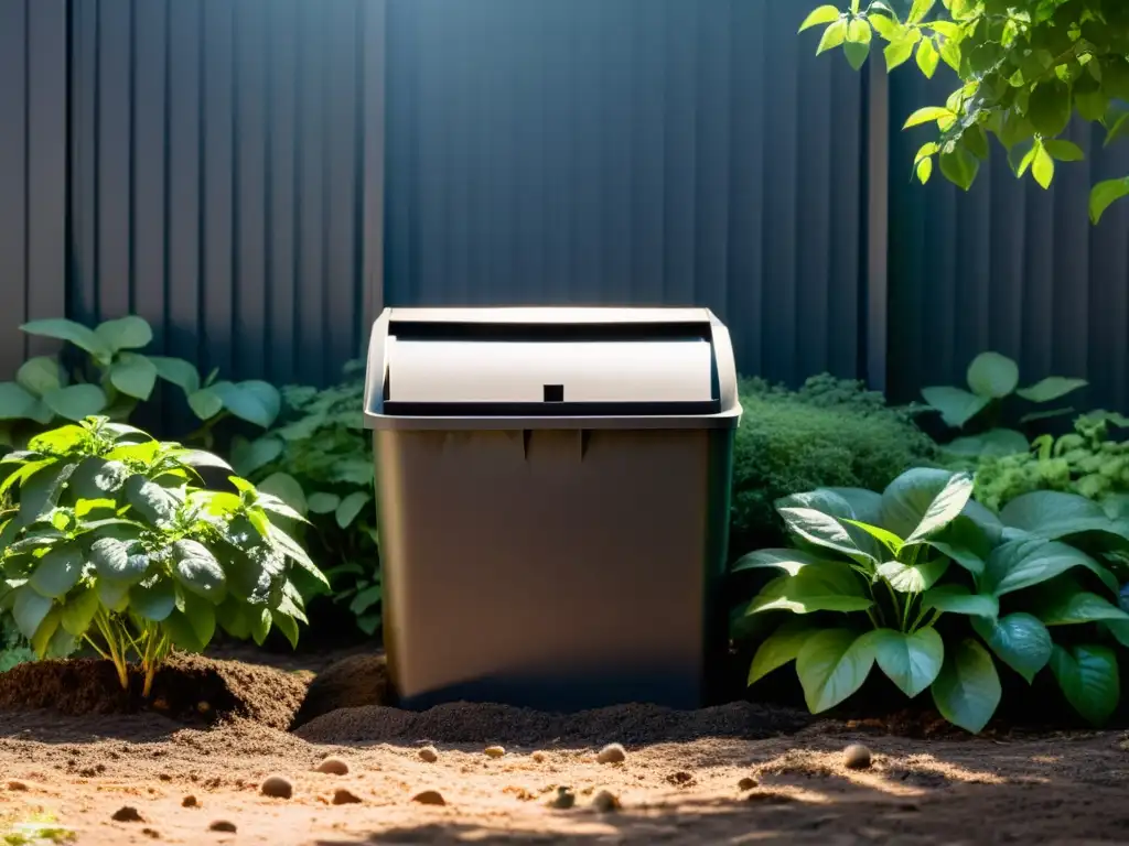 Un compostador en un jardín exuberante, con luz solar filtrándose entre las hojas