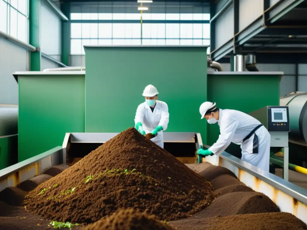 Proceso de compostaje industrial: armonía entre naturaleza y tecnología Un compostador industrial en una planta de procesamiento de alimentos, con trabajadores en uniformes blancos supervisando el proceso