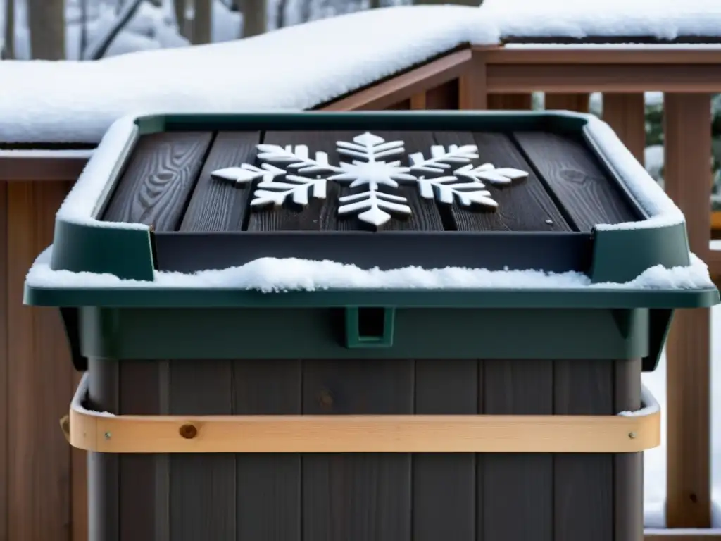 Un compostador de invierno en casa, de madera oscura, detallado con nieve y textura, transmitiendo serenidad