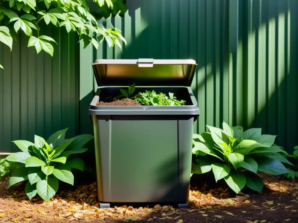 Un compostador en un jardín, bañado por la luz del sol entre la exuberante vegetación