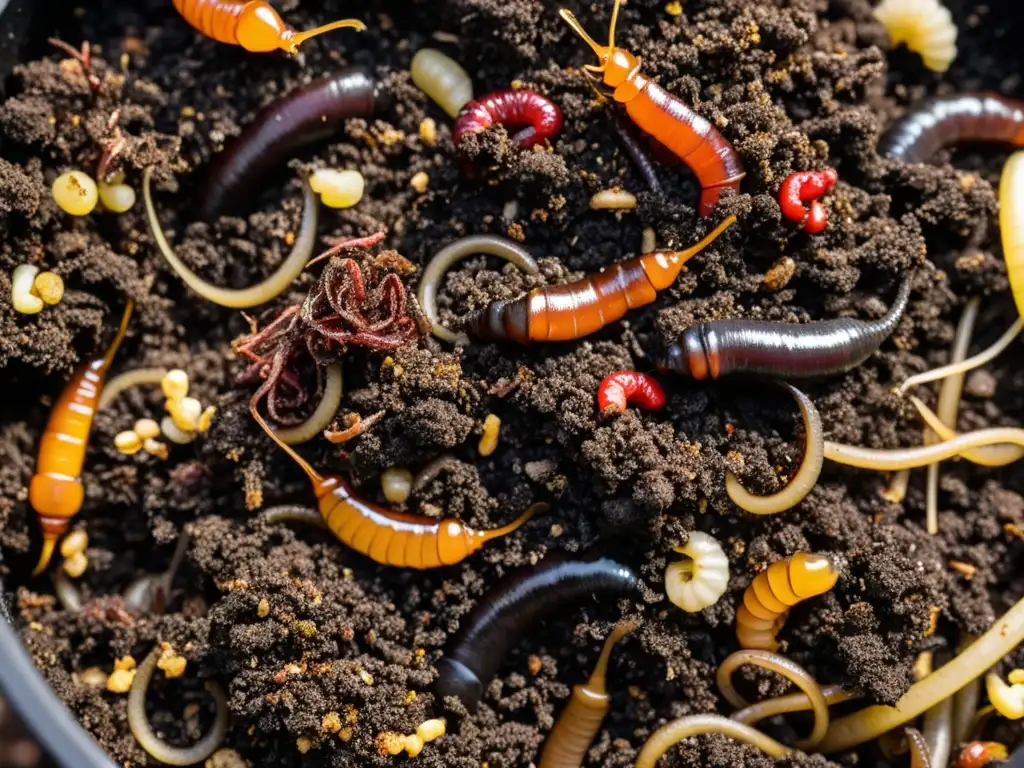 Un compostador de lombrices rebosante de compost oscuro y rico, donde las lombrices trabajan activamente para descomponer material orgánico