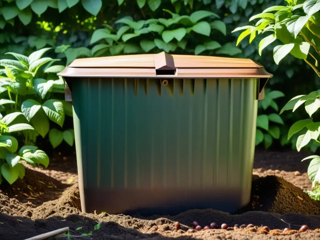 Un compostador de madera desgastada rebosante de compost oscuro y tierra fértil, bañado por la luz del sol en un jardín exuberante