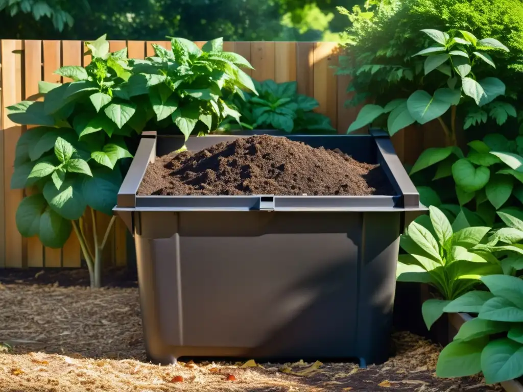 Un compostador de madera rodeado de exuberante vegetación, con capas de desechos de cocina, restos de jardín y tierra