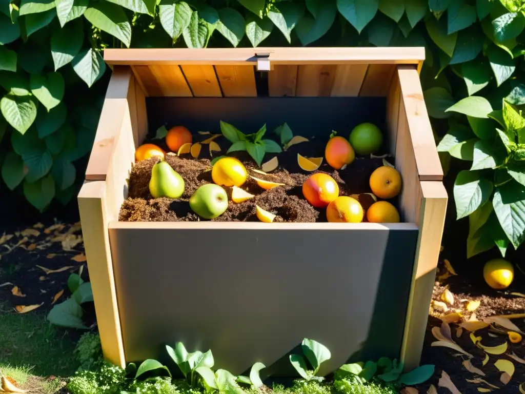 Un compostador de madera en un jardín, rodeado de plantas verdes