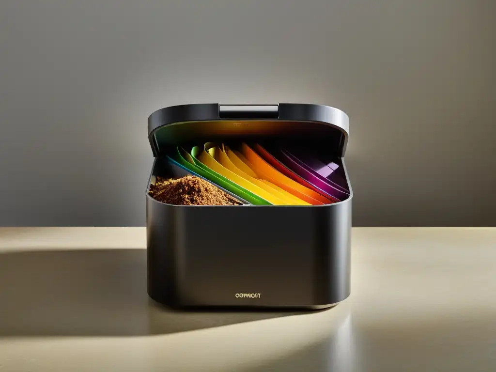 Compostera urbana: belleza en la sostenibilidad Un compostador moderno en un elegante encimera, con capas de desechos orgánicos