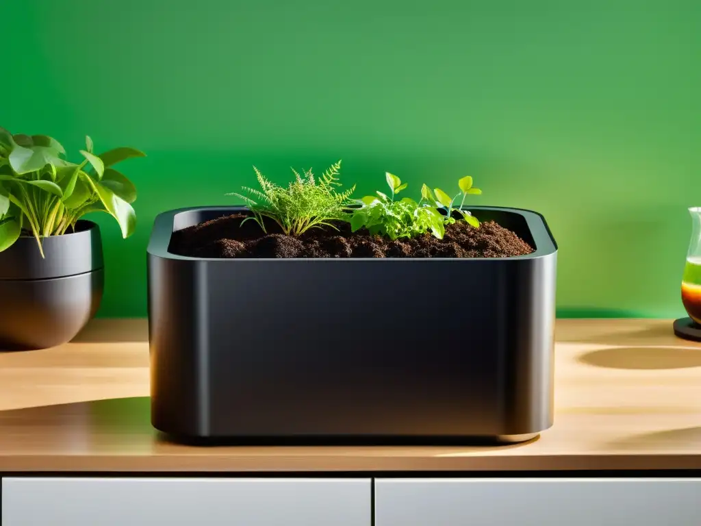 Un compostador moderno y elegante en una encimera, lleno de compost oscuro, rodeado de plantas verdes