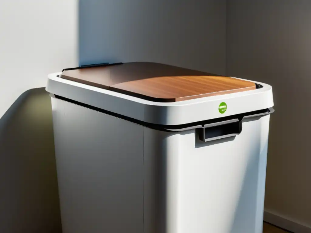 Un compostador moderno y elegante, hecho de materiales sostenibles, con iluminación suave que resalta su diseño minimalista y construcción ecológica