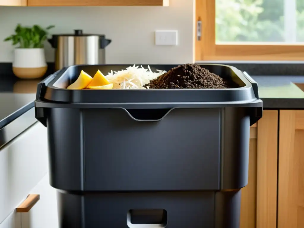 Un compostador moderno y ordenado en una cocina minimalista