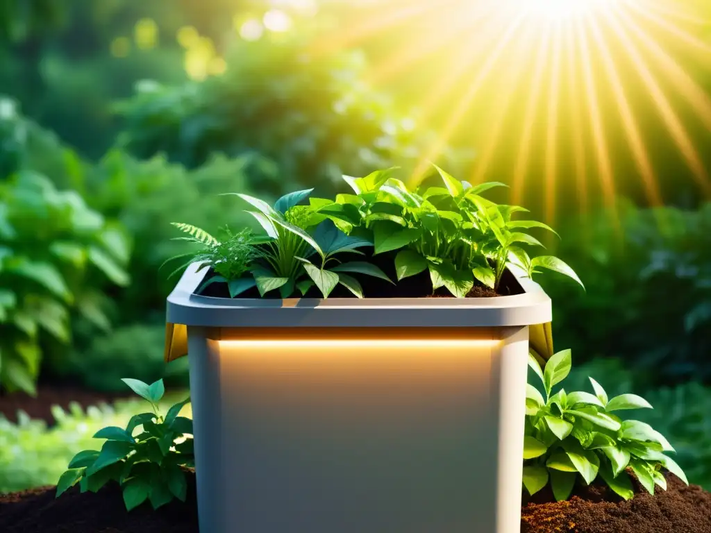 Un compostador moderno rodeado de exuberantes plantas verdes, iluminado por rayos de sol