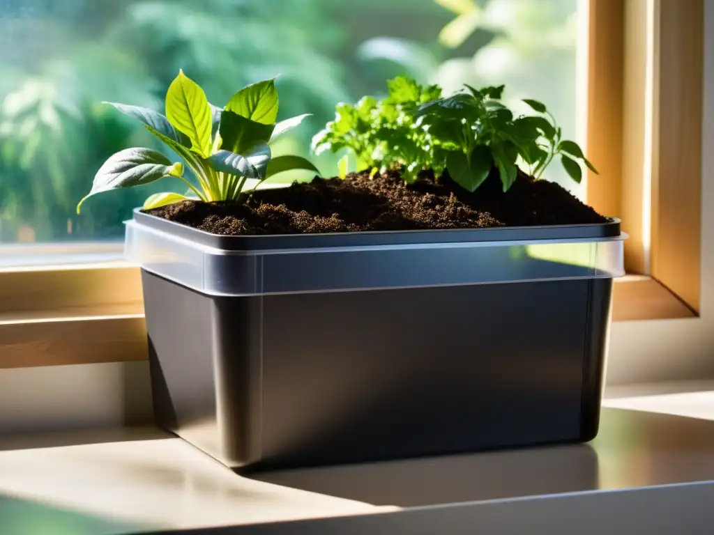 Un compostador moderno en una ventana soleada, con compostaje visible y plantas verdes, creando un hogar sostenible en el espacio reducido