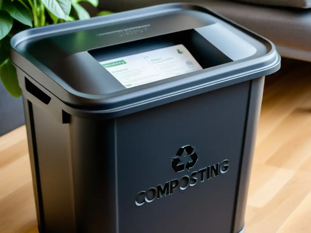 Un compostador negro mate para interiores con materiales orgánicos en capas, técnicas compostaje abono casero macetas