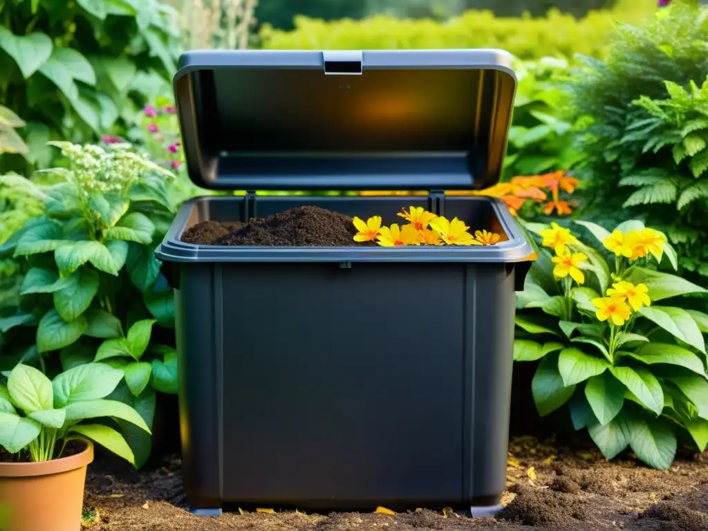 Un compostador negro en un jardín exuberante, rodeado de plantas y residuos de jardinería