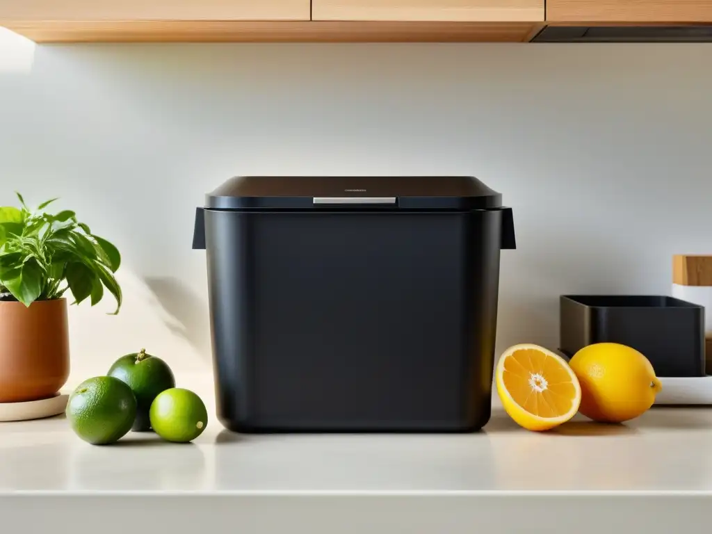 Un compostador negro mate, moderno y discreto en una cocina minimalista, con materiales compostables apilados y una planta